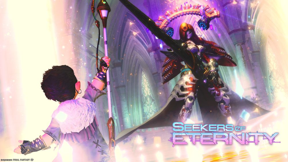 FFXIV screenshot of a lalafell white mage player raising their cane, facing down Zelenia, a large feminine robot knight wielding a huge sword. Light pillars frame them with stone palace windows behind. The patch logo "Seekers of Eternity" appears in the bottom right.