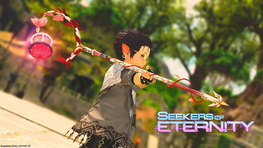 FFXIV screenshot of a lalafell white mage holding the first stage of the Dawntrail relic weapon for their job. They're seen from the side, balancing it almost vertically on one hand against a blurry backdrop of stone structures and large trees. The patch logo, "Seekers of Eternity", is in the bottom right corner.