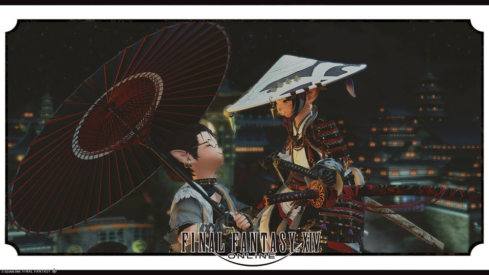 FFXIV screenshot of two lalafell players looking at each other happily at night in Kugane with the city behind them. The left one holds a red and black parasol, while the right one has a broad white hat and black and red samurai armor with a sword. The shot has a white border with curved-in corners and the FFXIV logo at the middle bottom.