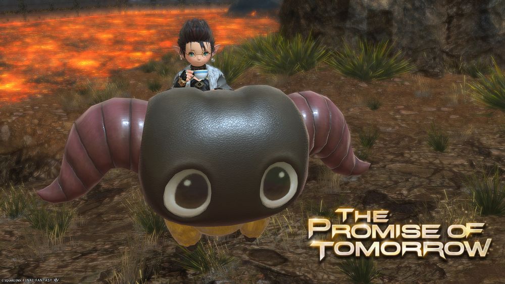 FFXIV screenshot of a lalafell riding a Yan mount in a volcanic area. "The Promise of Tomorrow" patch logo is in the bottom right.