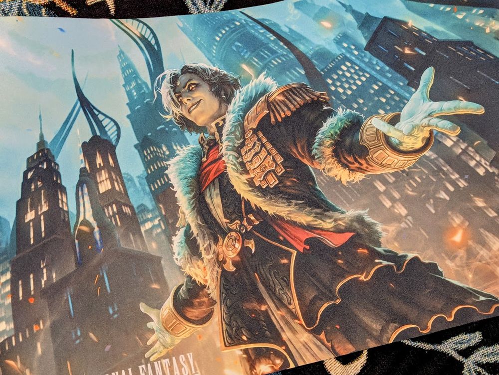 FFXIV MTG playmat featuring Emet-Selch with a manic grin gesturing widely with the shade of the city of Amaurot behind him.