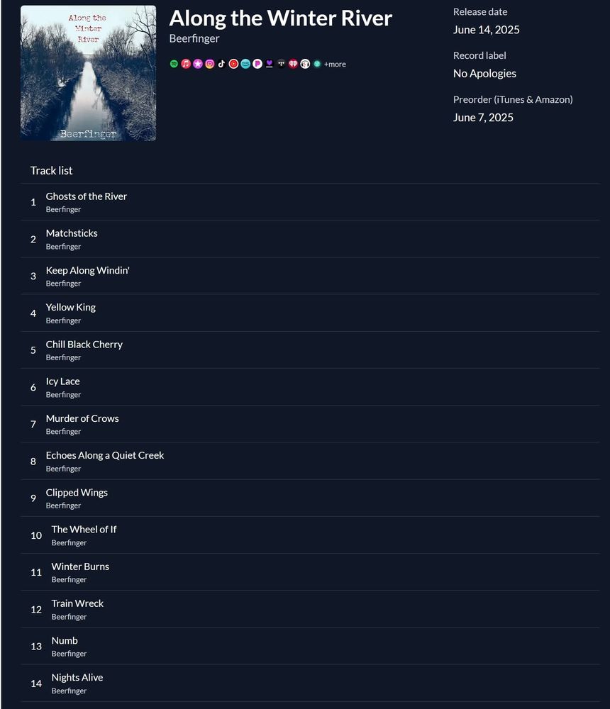 Track listing and release date info for the album "Along the Winter River" by Beerfinger. June 14th, 2025. 
Ghosts of the River. Matchsticks. Keep Along Windin'. Yellow King's. Chill Black Cherry. Icy Lace. Murder of Crows. Echoes Along a Quiet Creek. Clipped Wings. The Wheel of If. Winter Burns. Train Wreck. Numb. Nights Alive.
