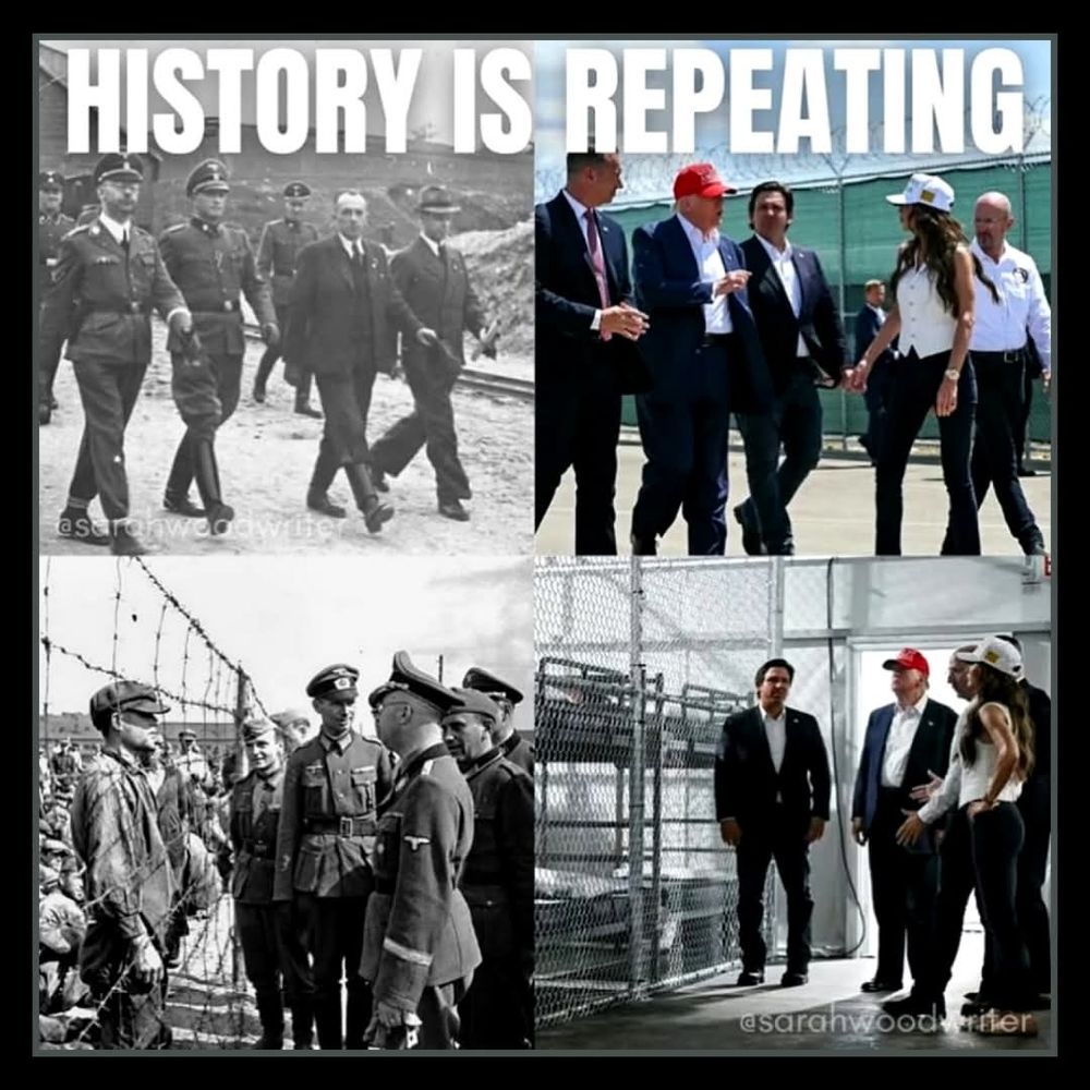 Visual comparison showing Donald Trump is building concentrations camps, proven by showing actual death camps against his own nightmare prisons which look exactly the same.