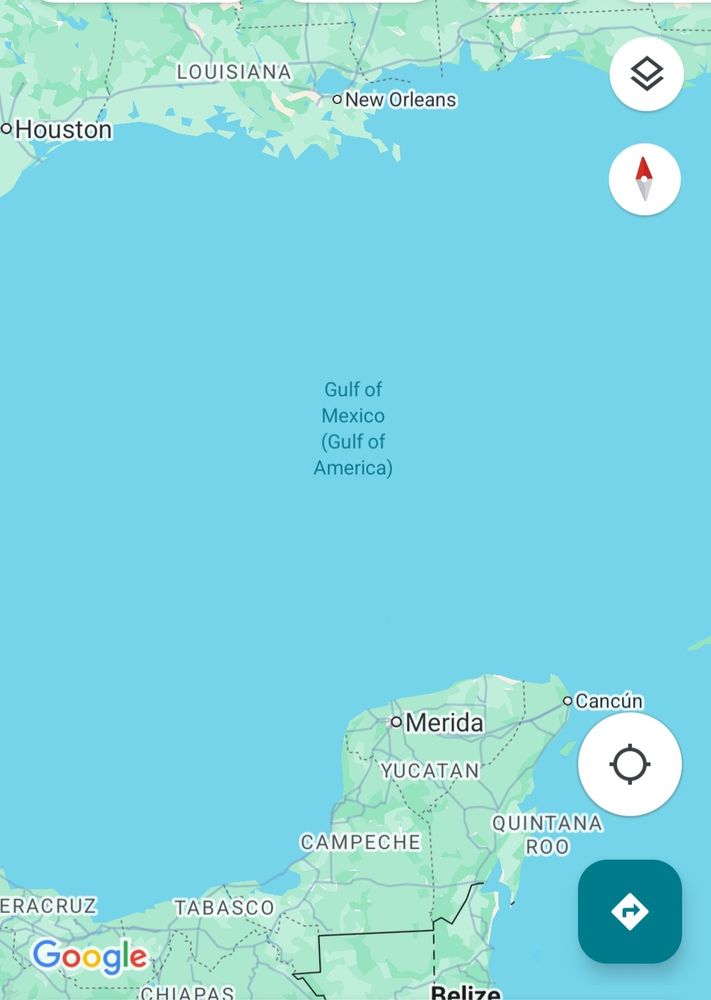 Google maps image of Gulf of Mexico, where it is labeled as: "Gulf of Mexico (Gulf of America)".