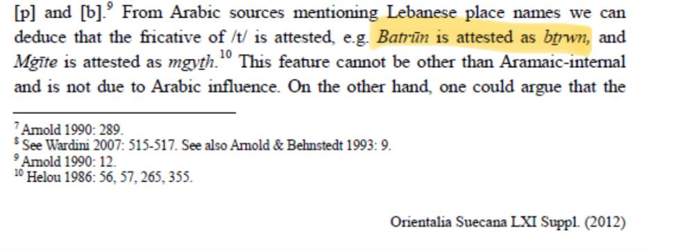 digital excerpt of a paper:

[p] and [b]. From Arabic sources mentioning Lebanese place names we can deduce that the fricative of /t/ 1s attested, e.g. Batrūn is attested as bṯrwn, and Mgite is attested as mgyṯh." This feature cannot be other than Aramaic-internal and is not due to Arabic influence. On the other hand, one could argue that the
