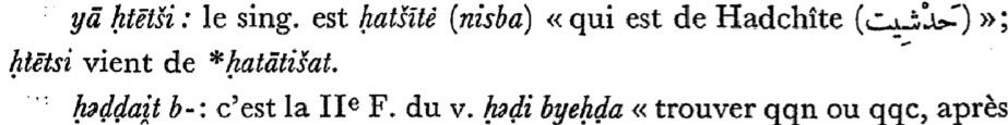ya htelsi : le sing. est hatsite (nisba) « qui est de Hadchite (حدشيت) »:
htetsi vient de *hatatisat.
haddait b-: c'est la IIe F. du v. hadi byehda « trouver qqn ou qqc, après