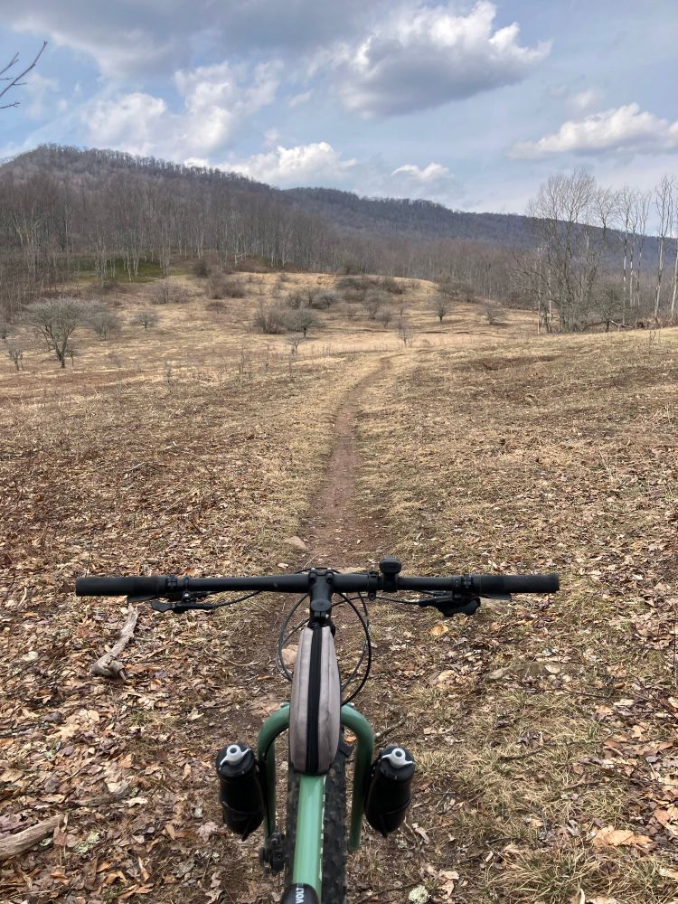 View from behind the handlebars of a bike with a trail leading down the middle of the picture, mountains in the background, and blue sky with white clouds. 
