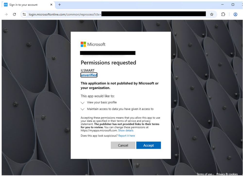Landing page for requested permissions from malicious OAuth app.  