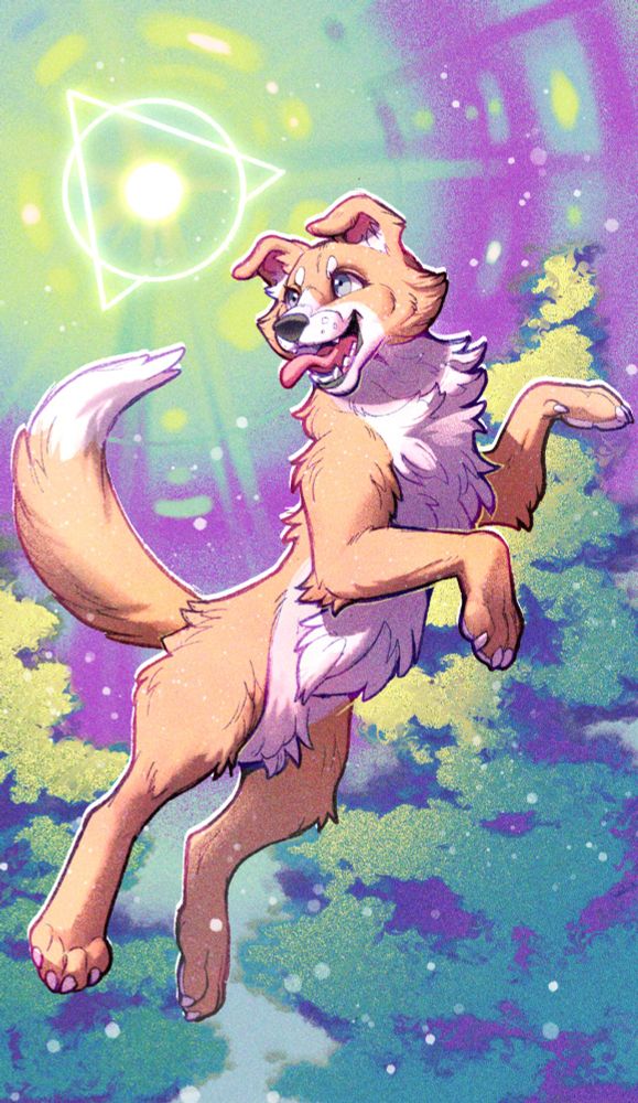 A light tan border Collie, with a fluffy white underbelly, leaping through the air, staring back at the sun-del symbol used for holotheres