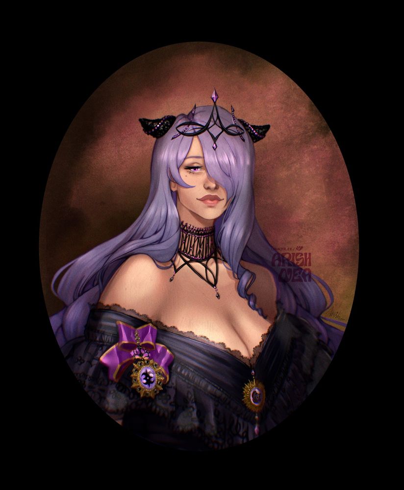 A painted portrait of Camilla, a character from Fire Emblem Fates. She is wearing a black Victorian gown with a very low cut showing off her shoulders and breasts. She is adorned with royal emblems and jewelry that mixes British royal jewelry with Nohrian-style jewelry in black, purple, and gold.
