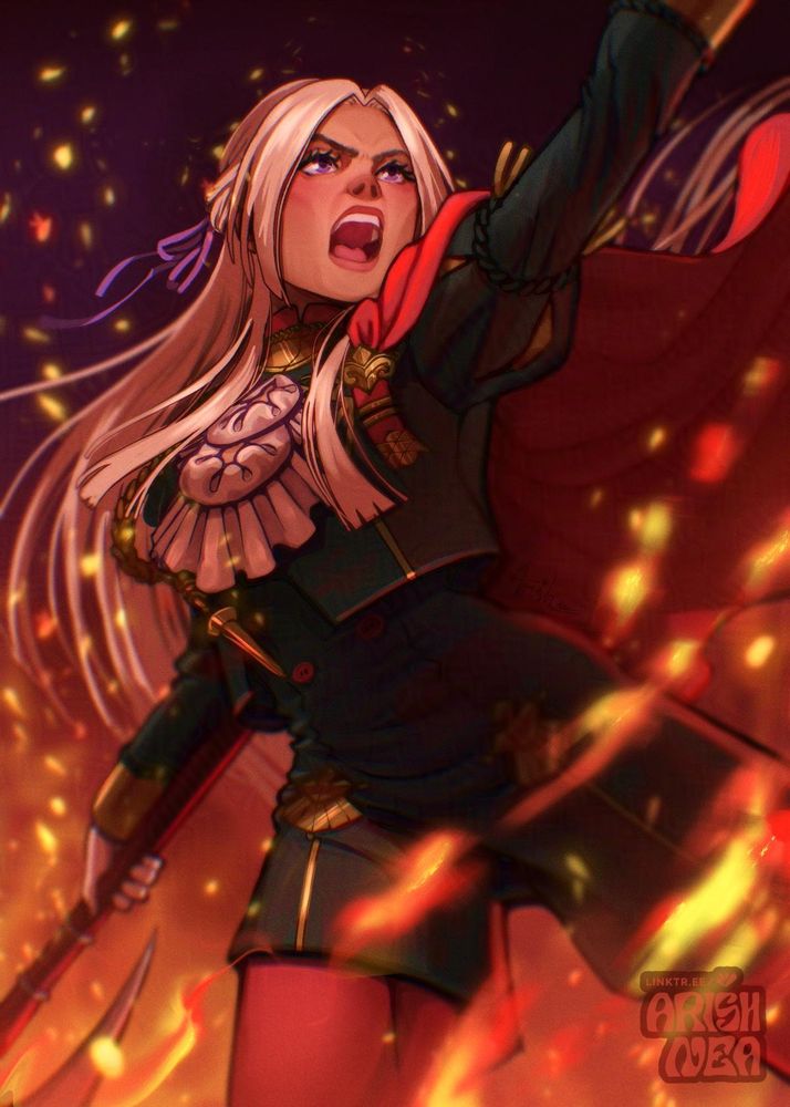 A digital illustration of Edelgard von Hrevsleg, a character from Fire Emblem Three Houses video game. Low angle. She is captured mid step, looing back over her shoulder with that hand raised in the sky like she's inviting people behind her to go onward. In her other hand is her battle axe. She is shouting with all her might, mouth wide open, and a determined eyes with furrowed brows. She is portrayed in a sea of flames, with ambers twirling around her.