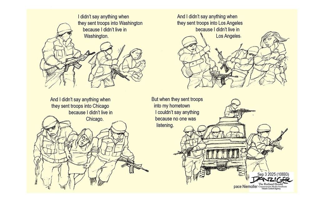 Cartoon in four panels showing soldiers and tanks and civilians being taken away. The first one says 