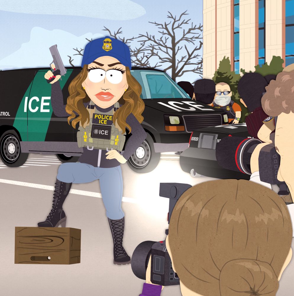 Kristi Noem playing dress up and posing for photographers in a screenshot from tomorrow's new South Park episode 