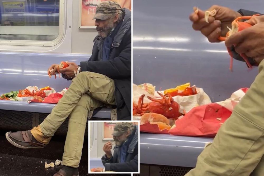 Man shellfish-ly cracks into a whole lobster dinner on the NYC subway