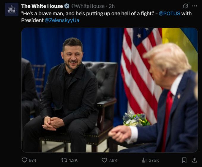 A tweet from the White House showing a flattering photo of Zelenskyy and Trump, quoting Trump saying “he’s a brave man, and he’s putting up one hell of a fight.”