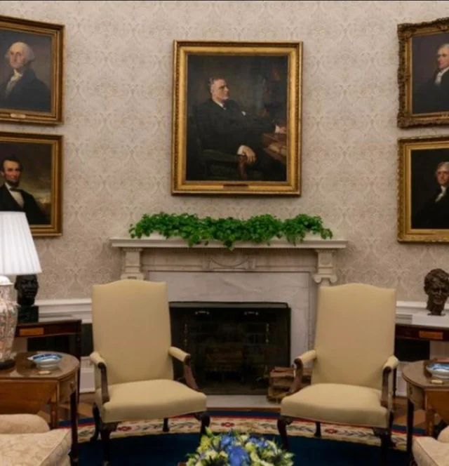 Oval office mantle with JFK's ivy plants and no gold nonsense anywhere.