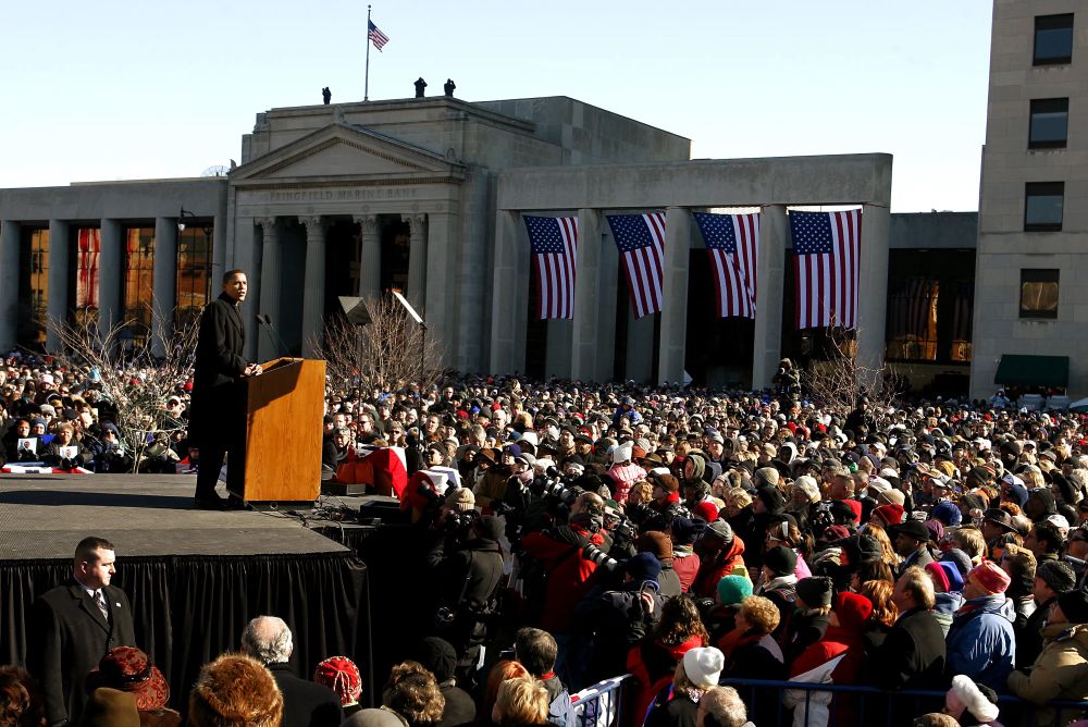 Big crowd in Springfield Illinois to hear their first term senator announce for president in the freezing cold. It was considered quixotic and a flash in the pan. 