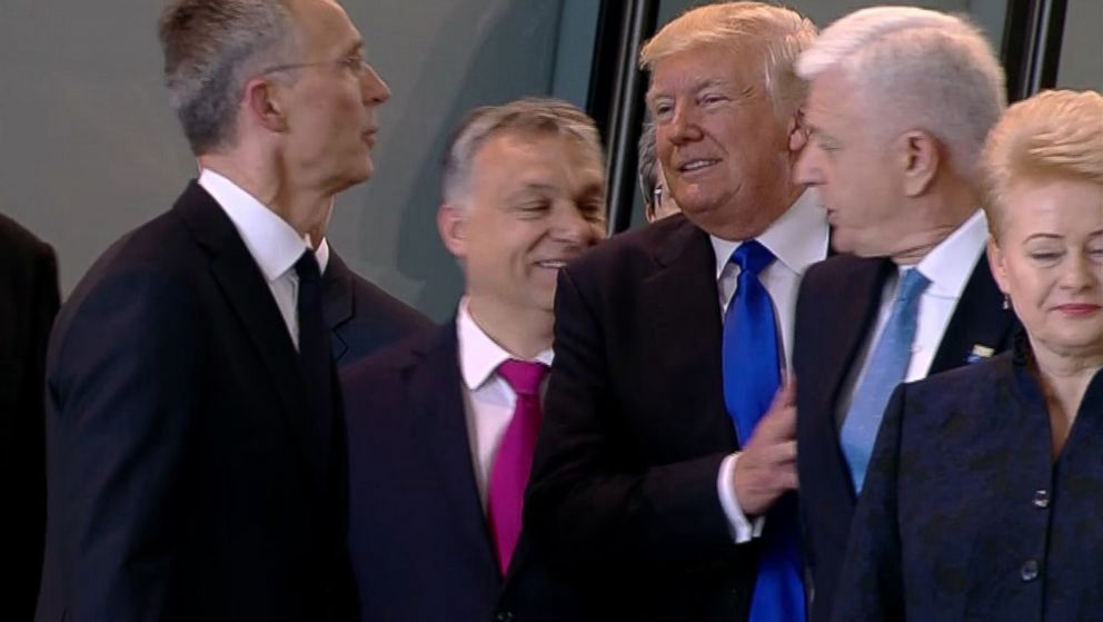 Embarrassing world Stage moments number one: Trump at a 2017 NATO summit pushing the leader of new member Montenegro out of the way so he can be Center Stage 