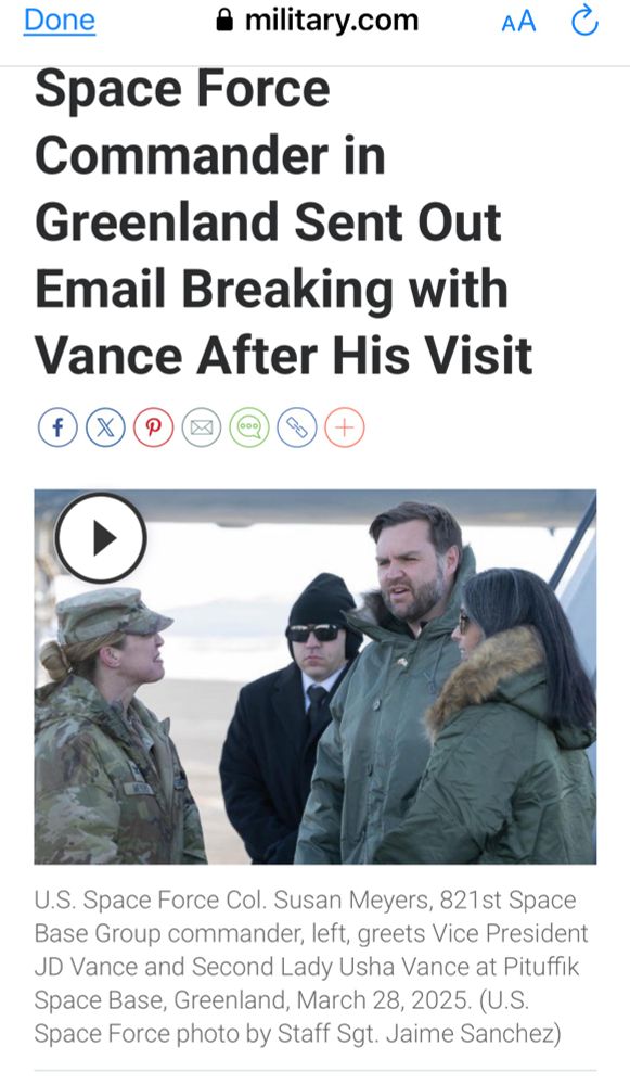 Military.com headline: space force commander in Greenland sent out email breaking with Vance after visit