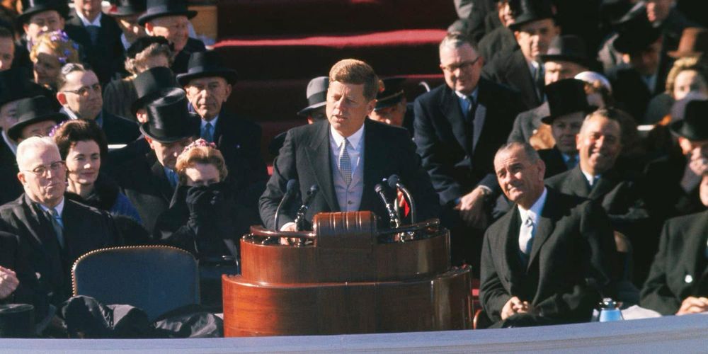 Kennedy speaking at his inauguration, looking young and vital. 