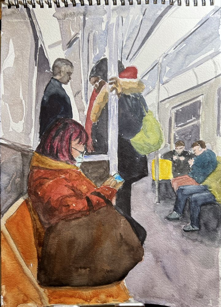 I am amateur watercolor of people staring at their phones on the subway. 