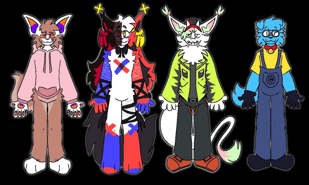 in order from left to right
first character is a hairless cat in a pink hoodie. his costume is a normal cat, and has fake fur all over him. his eyes, ears, and pawpads are bright orange and pink with his pupils as pumpkins.
second character is a mix of blue, white, and red, with x markings on the chest and knees. the left half of its face is brown and a deep red. the character also has wings on the sides of its head, the one on the left is deep red, the other is yellow. yellow x's also float over the characters ears. has veey dark purple ribbons on its arms, on its right thigh, and on its tail.
third character is a dragon like creature. his main color is white, with his ears, hair, ear tufts, eyes, and tail end are half pastel green and half pastel red. hes dressed up as brad thaniyel, or griefer, from the roblox game block tales.
the fourth character is a fully blue dog with a red and yellow collar. they are dressed as a minion from despicable me.