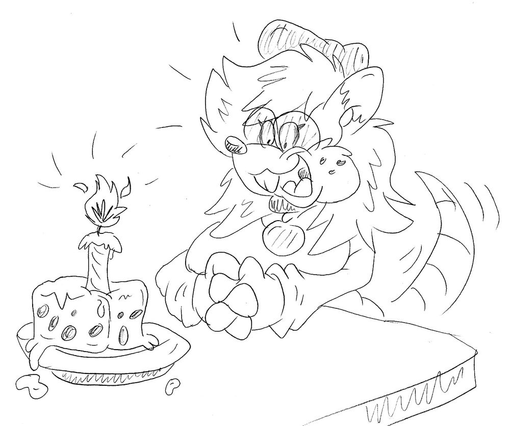 A traditional pencil sketch of a cartoon styled mouse critter, wearing a delighted expression, over a plate with a melty block of cheese with a lit birthday candle in it.