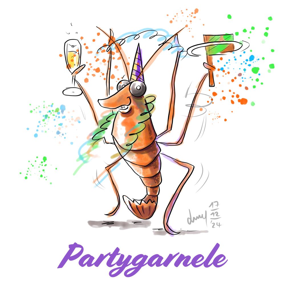 Eine feiernde und tanzende Partygarnele.