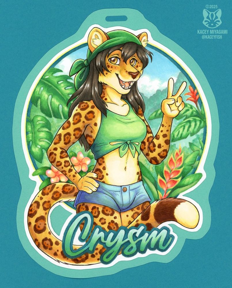 Androgynous jaguar anthro character with gold eyes and dark brown/black hair wearing a green bandana, green tanktop that ties in front, and mini denim shorts.  Cutout traditional marker badge with circular jungle background, on a colored paper background.