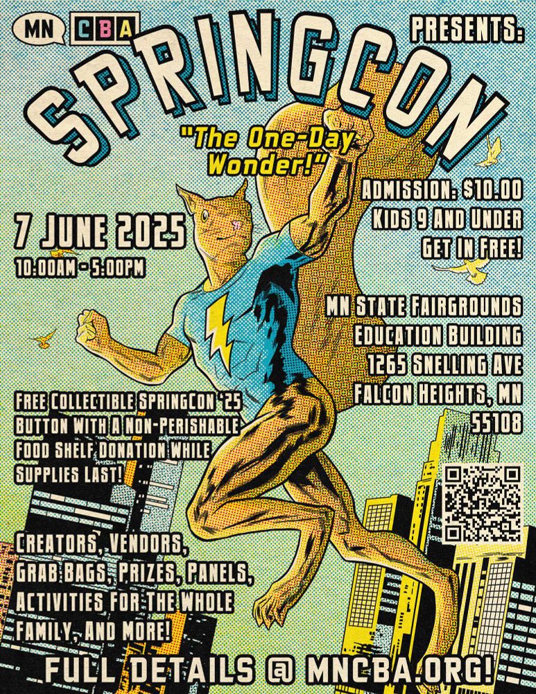 vintage comic book-styled MNCBA SpringCon 2025 flyer poster featuring Shortbox the Squirrel artwork by Jesse Switters