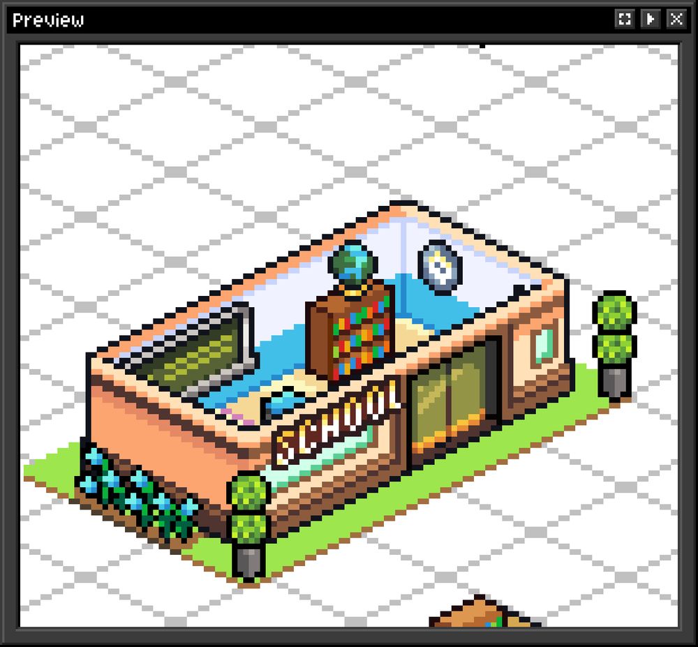 Pixel art isometric view of a cutaway school building interior. The classroom includes a large bookshelf with a globe on top, a desk with a computer, a chalkboard, and a wall clock. The exterior walls are peach-colored, and the word "SCHOOL" is displayed outside. The building sits on a grassy base with bushes and trees surrounding it.