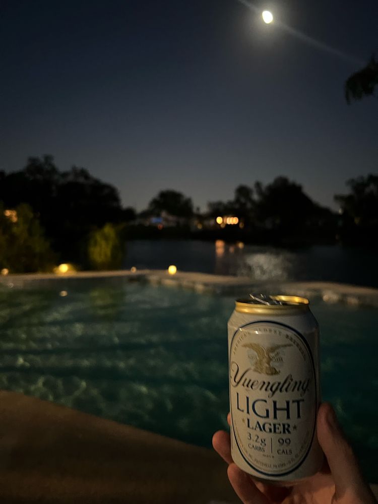 Photo of a yuengling beer in a back garden