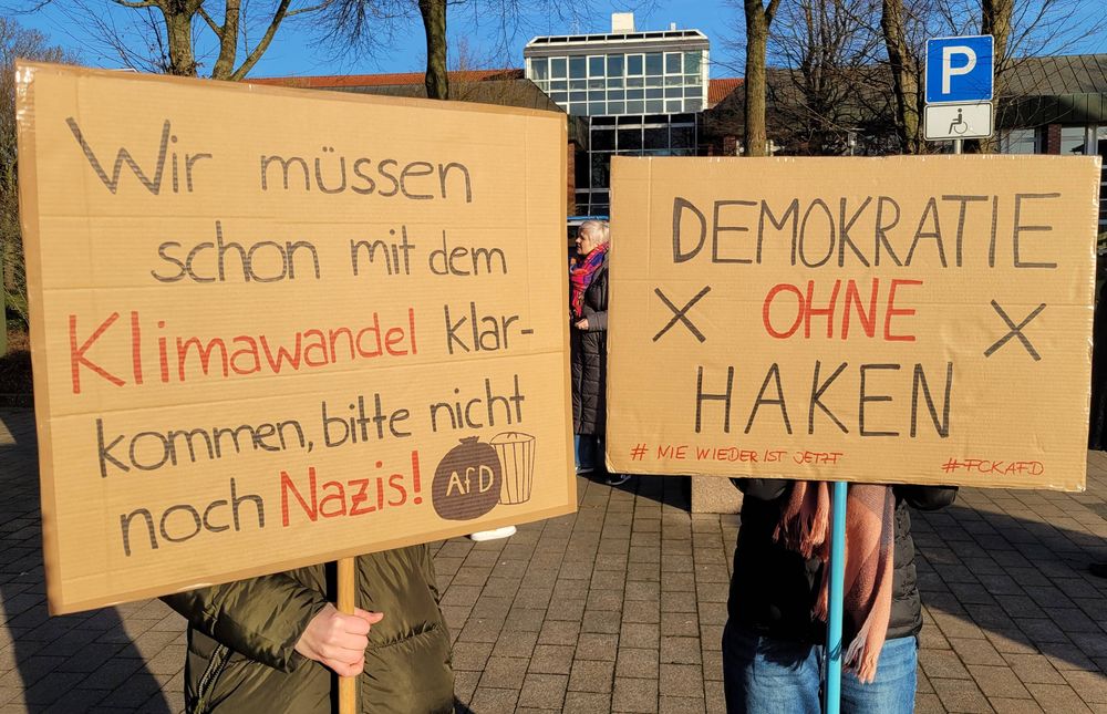 Links Schild meiner Kinder: "Wir müssen schon mit dem Klimawandel klarkommen, bitte nicht noch Nazis!" Daneben ein Müllsack mit der Aufschrift AfD und eine Mülltonne.

Rechts mein Schild: "Demokratie ohne Haken", daneben Wahlkreuze, darunter klein #niewiederistjetzt und #fckafd.
