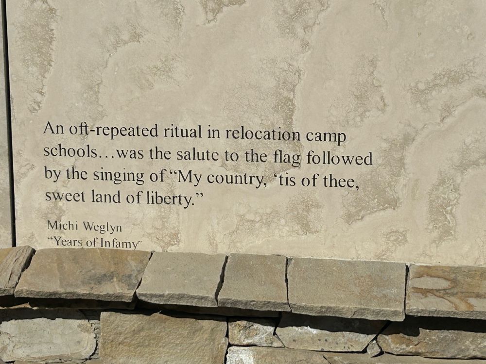 An oft-repeated ritual in relocation camp schools..was the salute to the flag followed by the singing of "My country, "tis of thee, sweet land of liberty."
Michi Weglyn
"Years of Infamy"