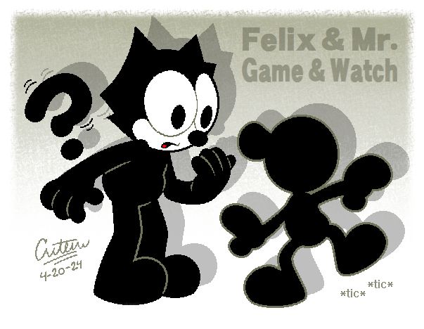 A fanart of Felix looking down at Mr. Game & Watch. Made this one after feeling inspired to draw an interaction between a famous old-school cat and a famous old-school LCD sprite during my Felix phase... and btw, this was also my first time doodlin' G&W...