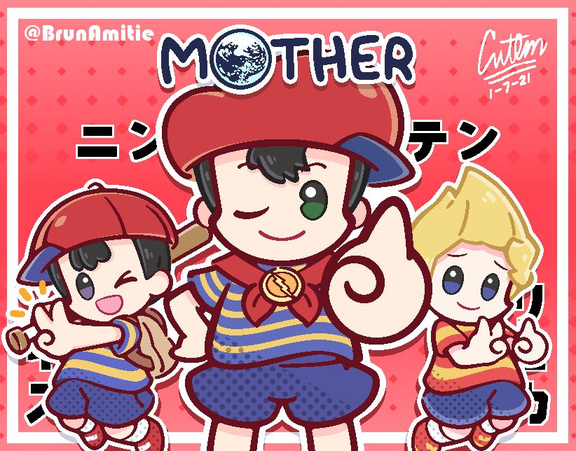 An old art I drew of Ninten (middle), Ness (left) and Lucas (right); the protagonists of Mother 1, 2 and 3 respectively, where said characters are also holding up the number said respective games of theirs represent.