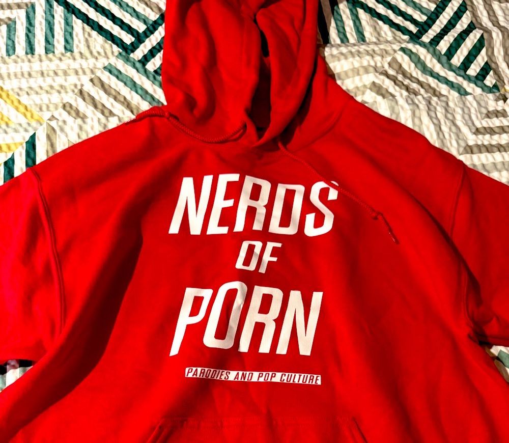 This a photo of the official Nerds Of Porn red hoodie.  Available at their merch store, NerdsOfPorn.shop