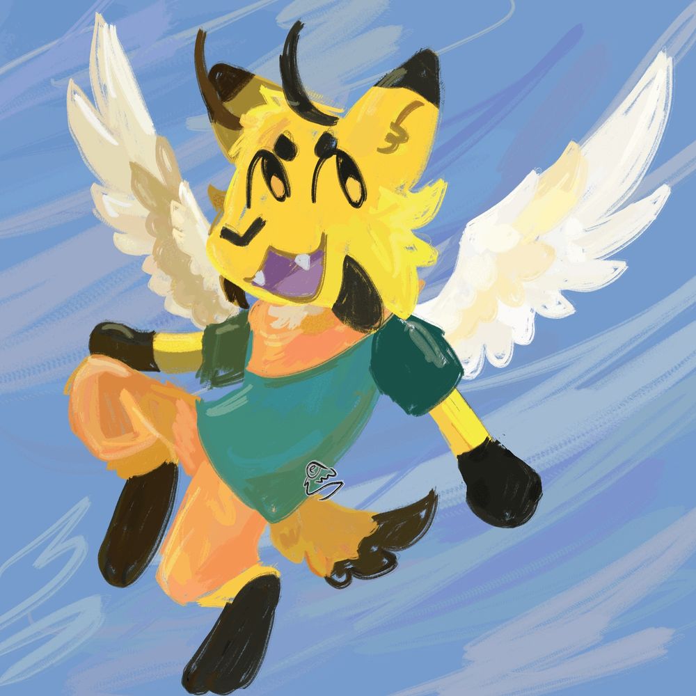 A fullbody of a yellow and black cat character with white featherie wings in front of a blue background 
Thier outfit is in the colors of camp chimera possums 
