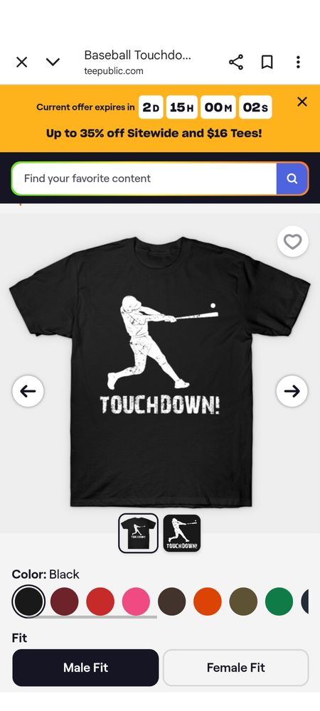 Screenshot from a T-shirt company, shows a black t-shirt with a baseball player swinging and hitting a ball. And it says 'Touchdown!' on it.