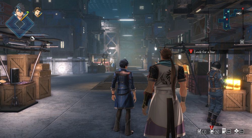 Screenshot of Trails into Daybreak. Two characters in a subterranean dodgy city district. On screen mission prompt says "Look for a bar"