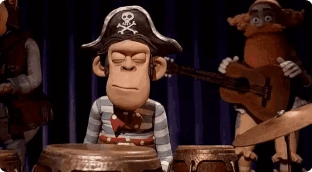 a cartoon monkey in a pirate hat is playing drums and a guitar .