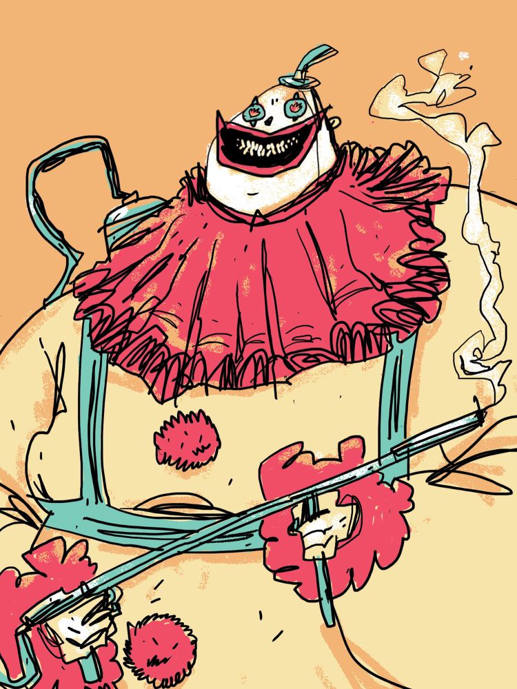 Fred the Clown holding a blowtorch