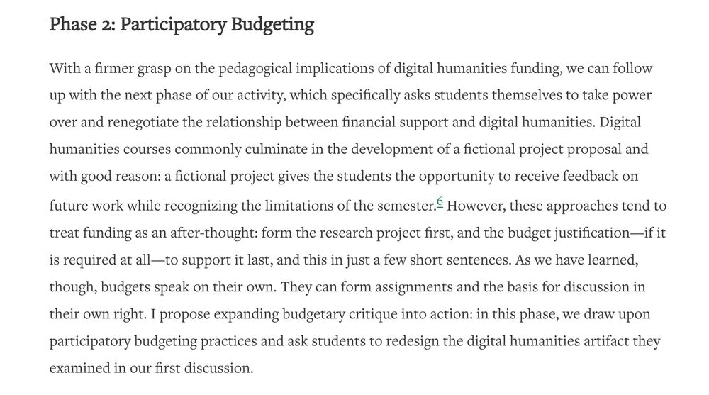 Excerpt from Brandon Walsh's essay "The Pedagogy of Digital Humanities Budgets". Text states: "Phase 2: Participatory Budgeting".