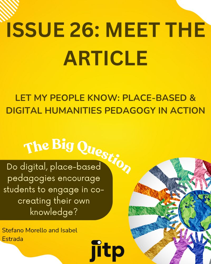 Graphic promoting an article on place-based digital pedagogy, with an image of hands around a globe