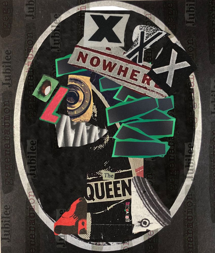 Portrait of Queen Elizabeth II made out of UK punk memorabilia 