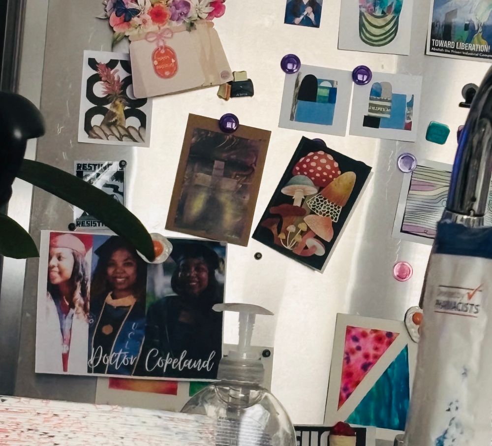 A picture of my fridge with lots of art on it and a collage of me in my various graduation attire with the words doctor Copeland over it