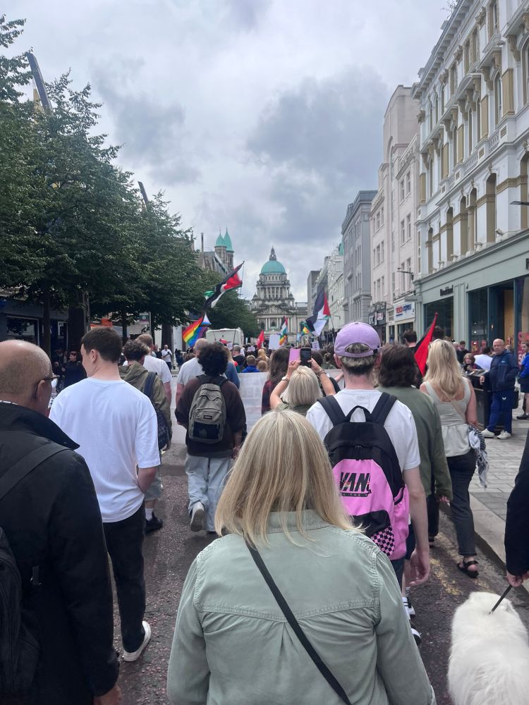 No Pride In Genocide march moving towards Belfast City Hall.