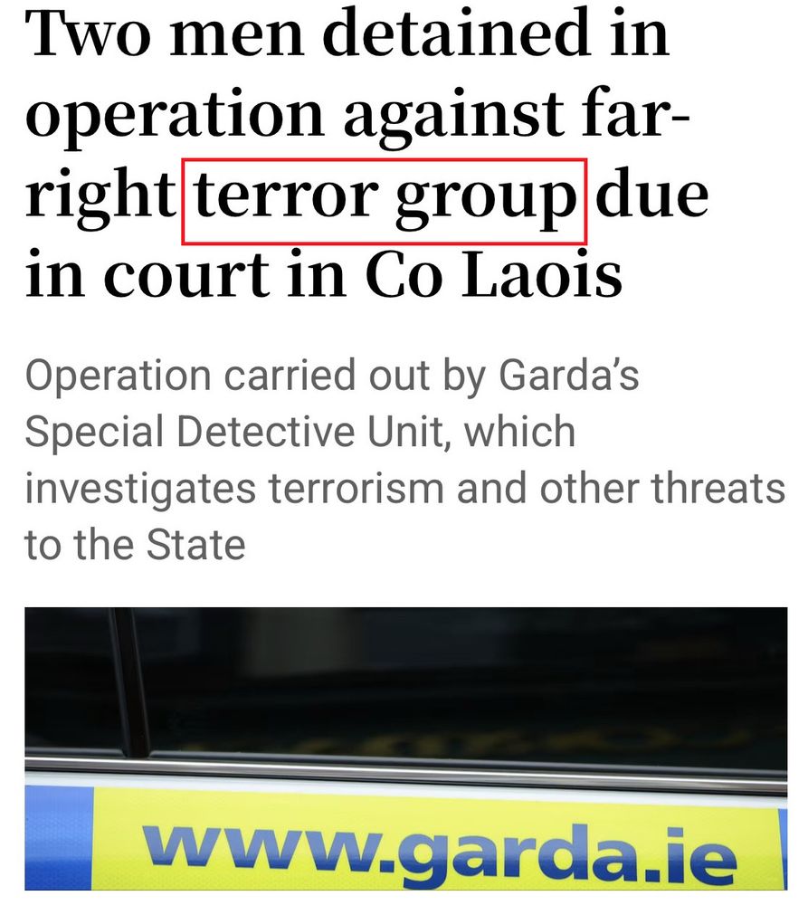 Two men detained in operation against far-right terror group. Irish Times headline. 