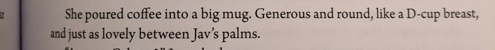 A photo of a line in a book reading: "She poured coffee into a big mug. Generous and round, like a D-cup breast, and just as lovely between Jav's palms."