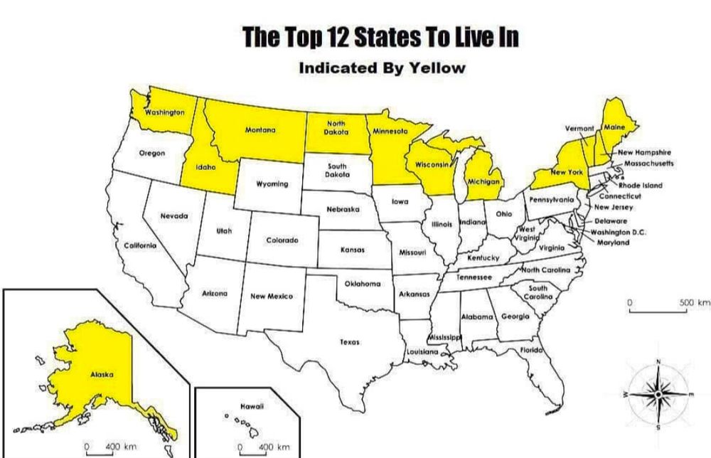 A map of the USA. The most northern states are highlighted in yellow.